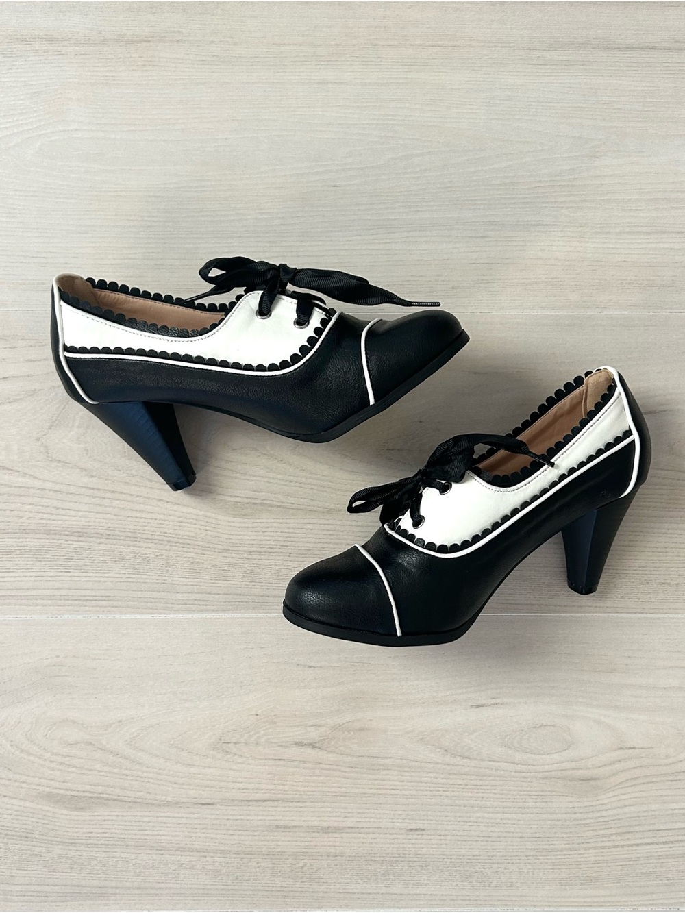 chase + chloe black and white lolita style heels